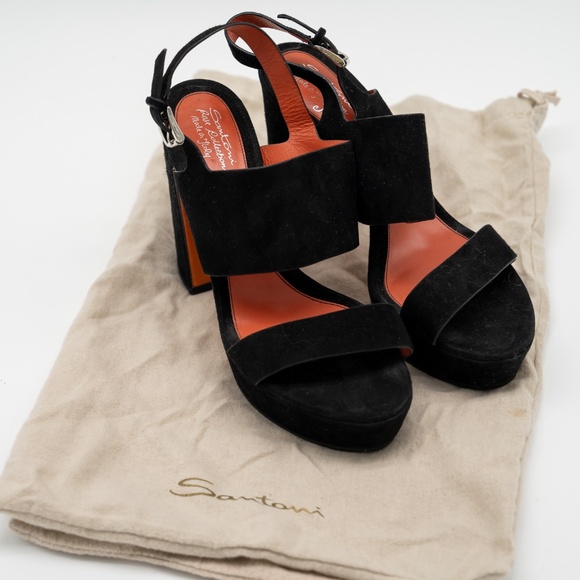 size 39 EU / 9 US Santoni Sandals Black Velvet Strap Slingback Block Heel - Picture 11 of 11